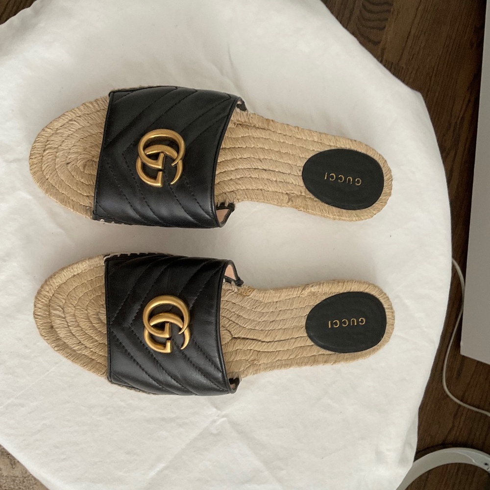 Gucci Black leather marmont espadrilles slides size 41